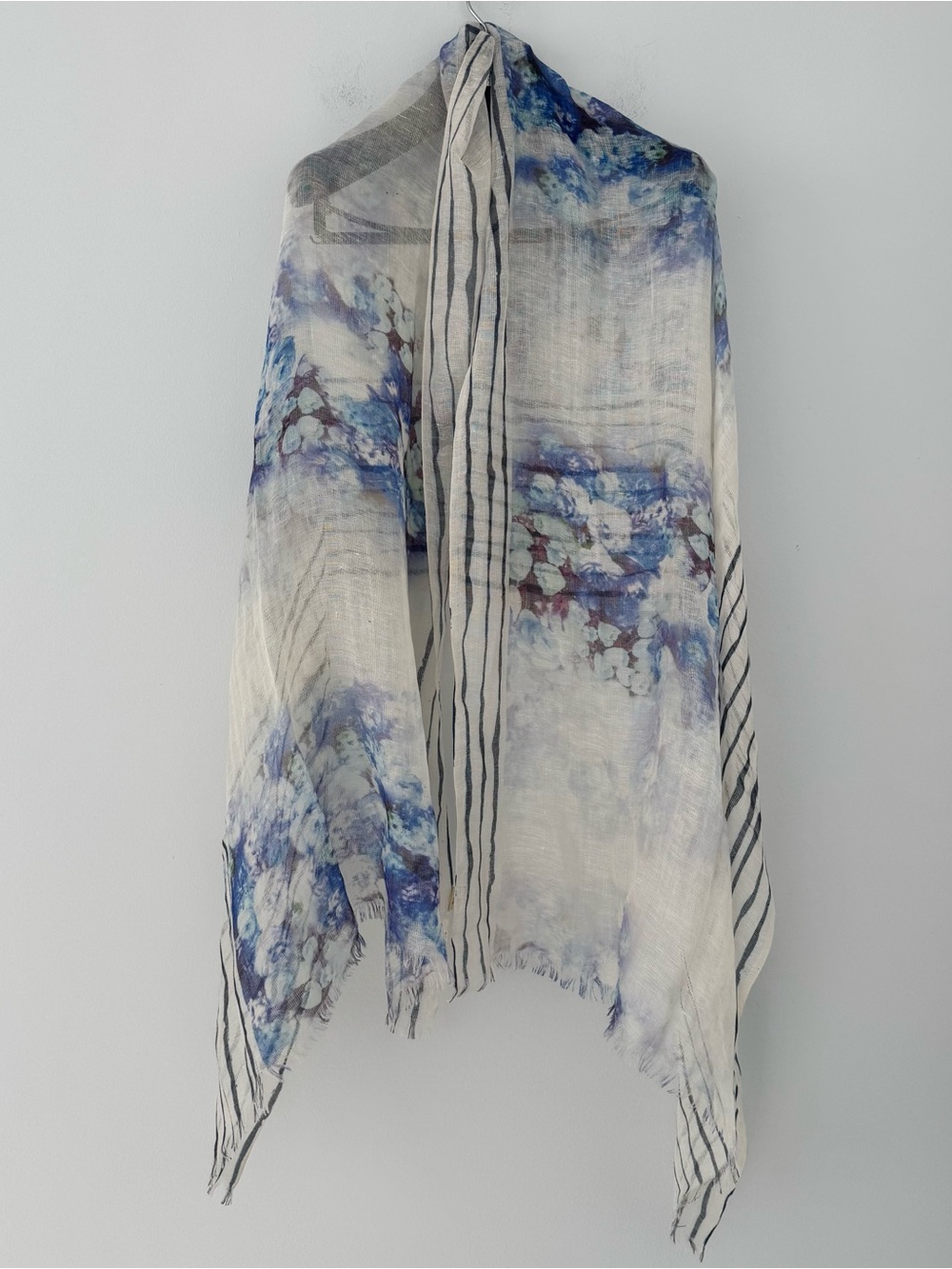 PASHMA Luxury Scarf Blue Floral Print - Silk Cashmere Linen Blend Size 70x30 - Picture 1 of 8